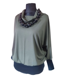 Sportowa bluzka ze ściągaczami i z golfem - khaki i czarny